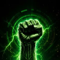 A raised fist crackling with green energy